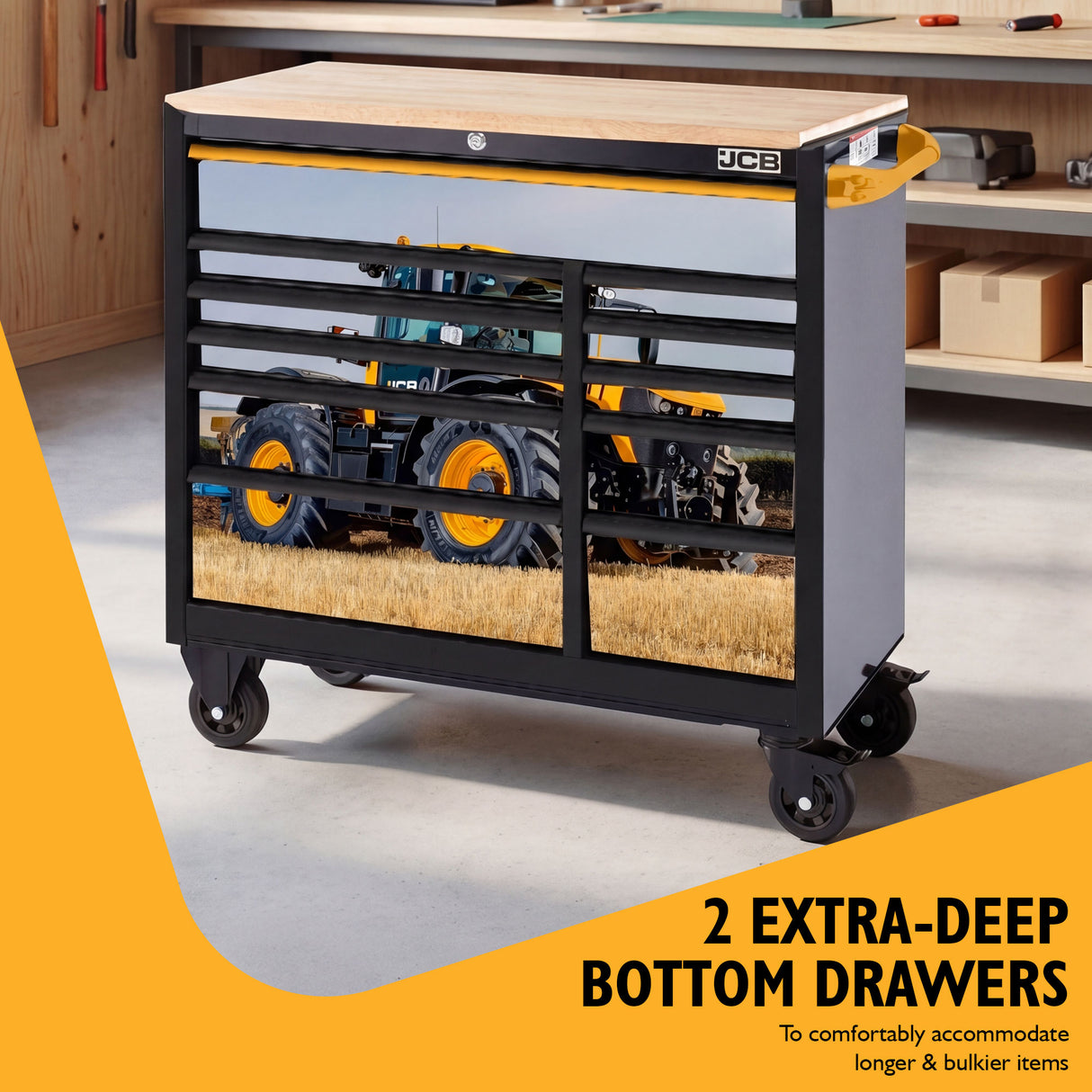 JCB 42’’ Roller Tool Cabinet, 11 Drawers, Steel with Hardwood Worktop and Fastrac Tractor Wrap | JCBFSTRCBB