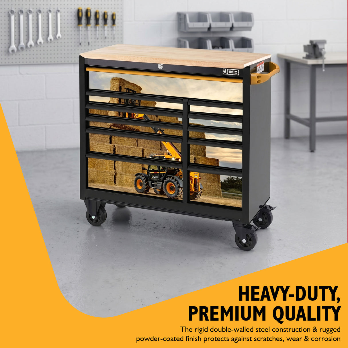 JCB 42’’ Roller Tool Cabinet, 11 Drawers, Steel with Hardwood Worktop and Telehandler Wrap | JCBTLHRCBB
