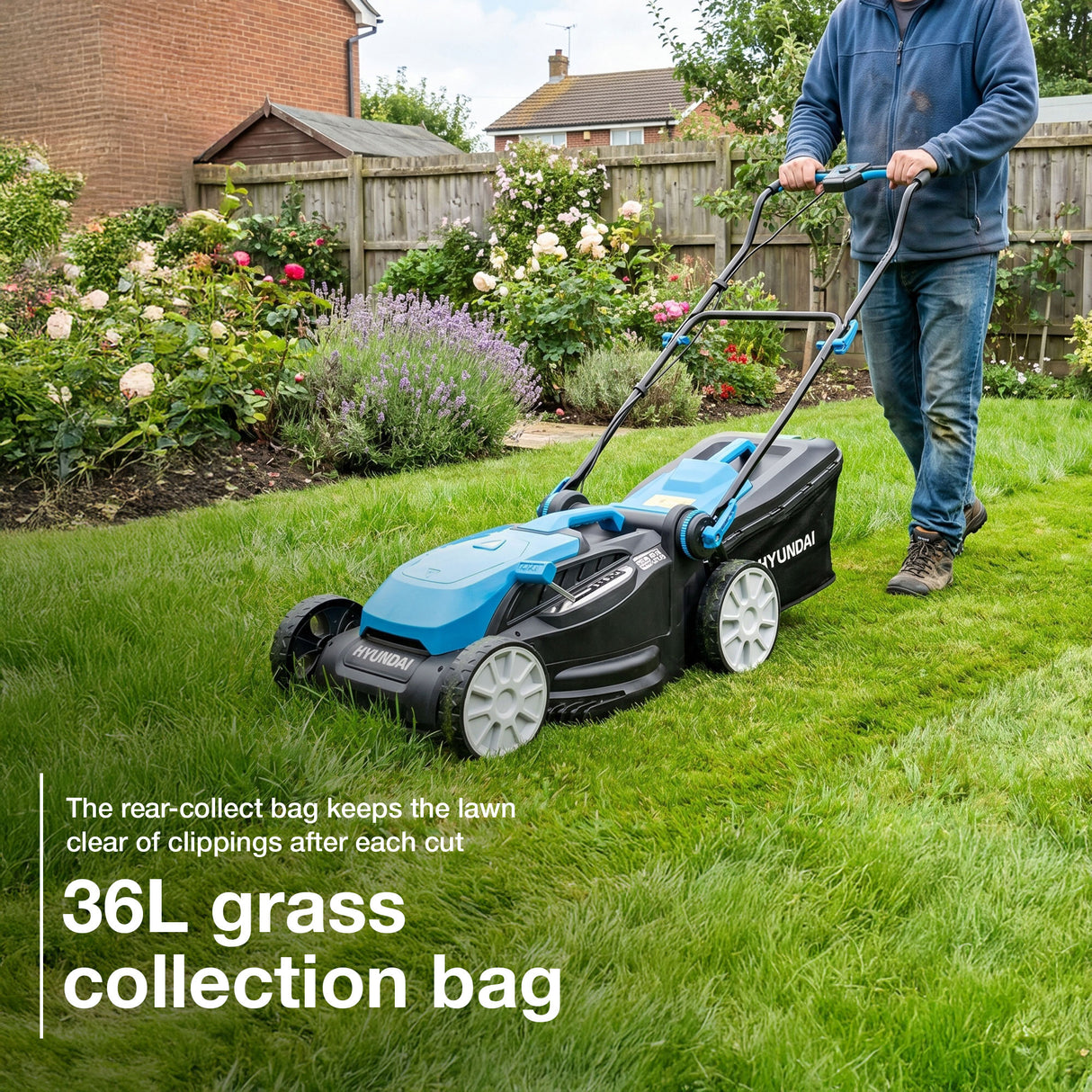 Hyundai 38cm / 15" 40V (2x20V) Brushless Cordless Lawnmower,  36L Bag | HY40CLM38
