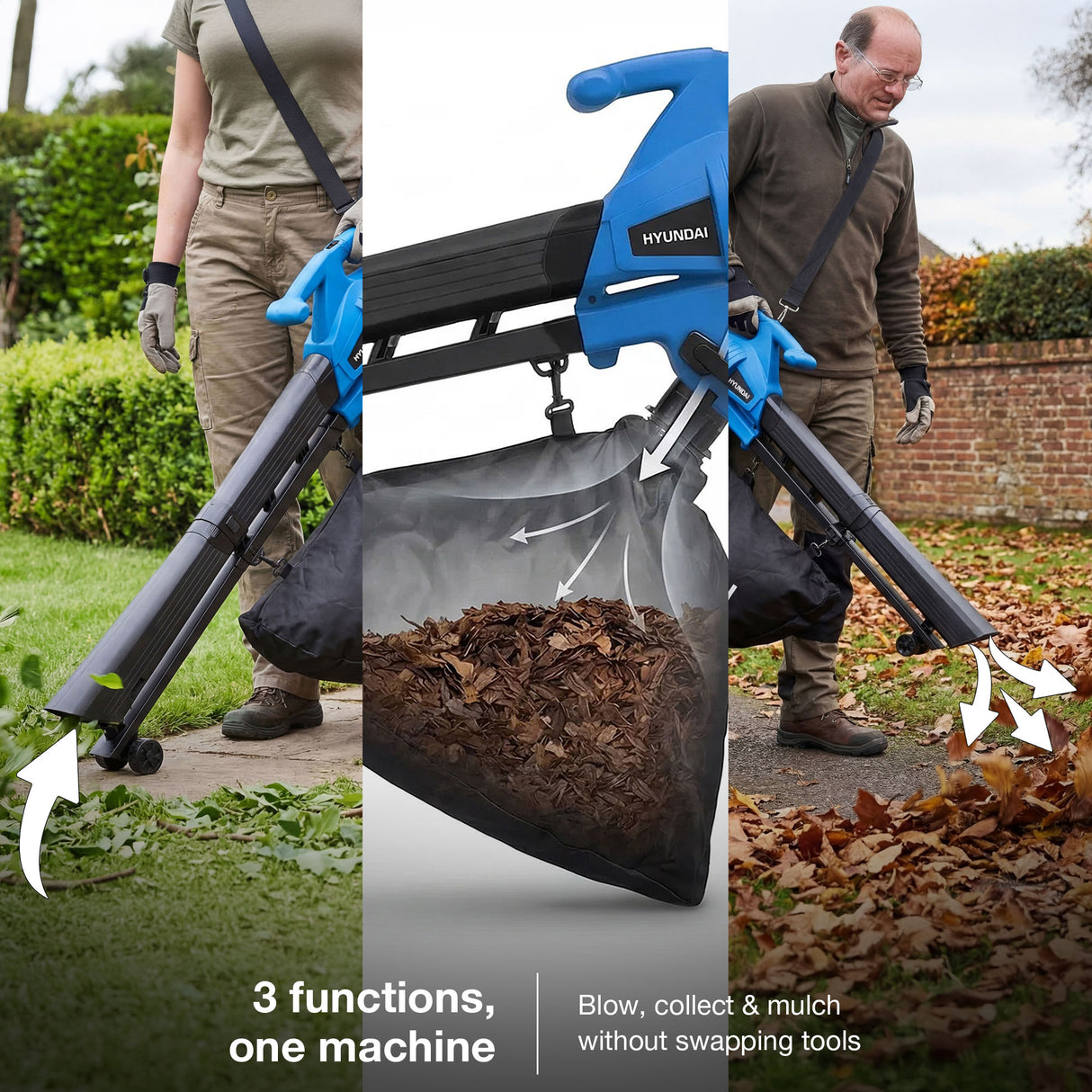 Hyundai 3000W Electric Leaf Blower & Vacuum, 3-in-1, 34L Collection Bag | HYBV3000E3