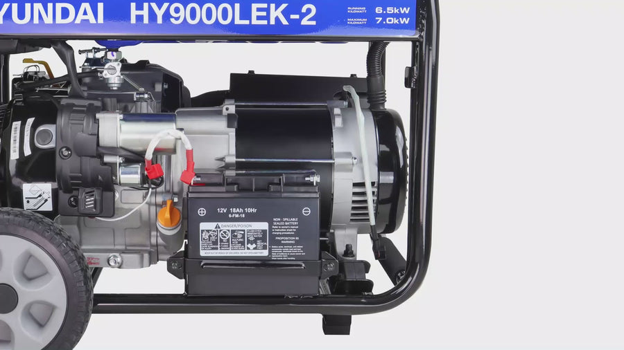 Hyundai 7kW / 8.75kVA* Petrol Open Frame Site Generator with Electric Start & Wheel Kit | HY9000LEK-2 — video